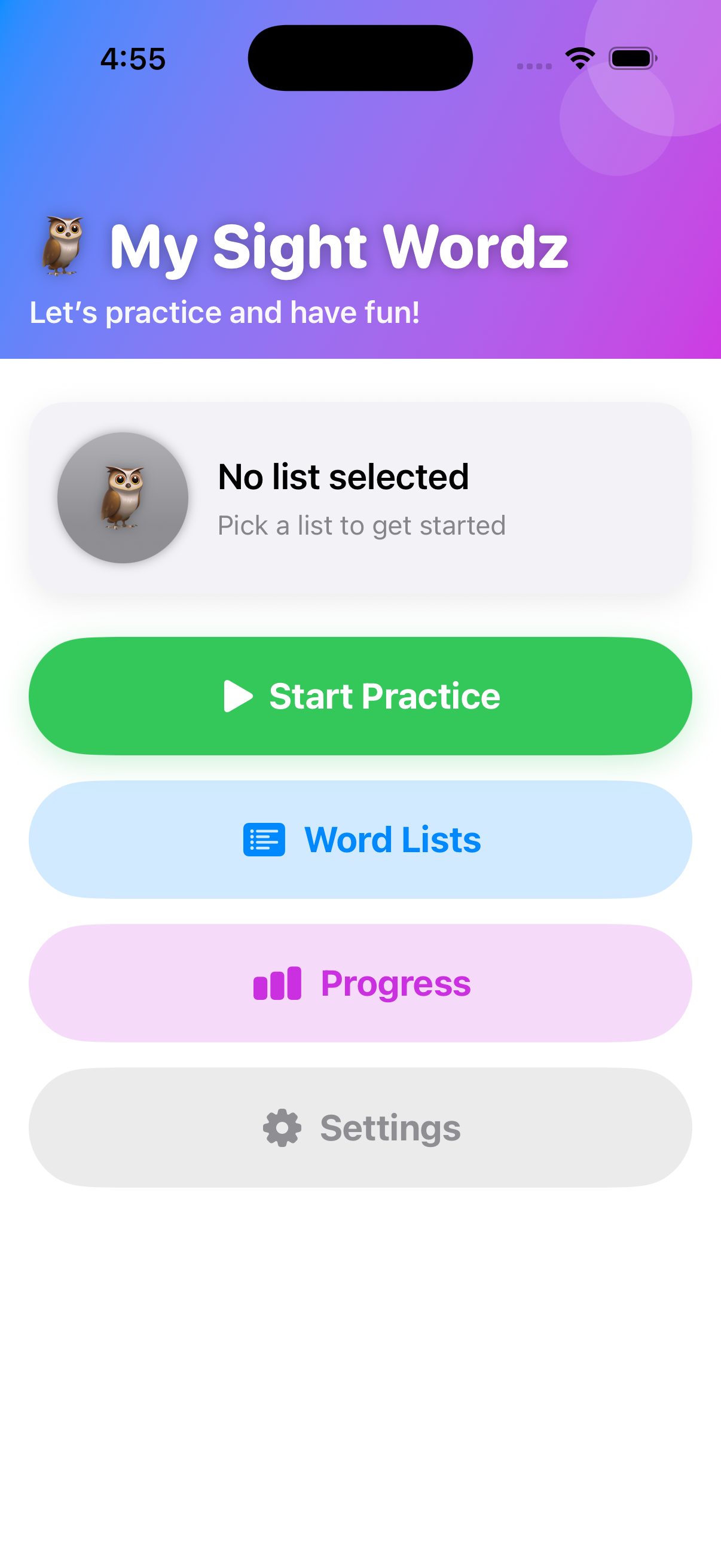 MySightWordz home screen showing start practice