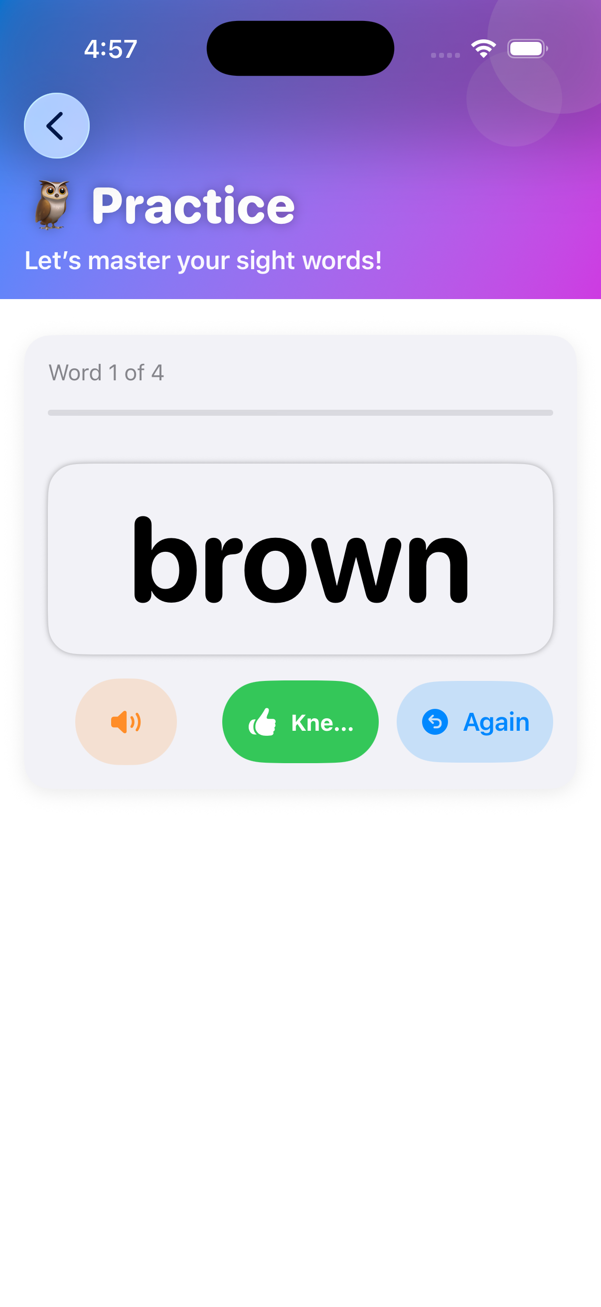 MySightWordz practice screen on iPhone